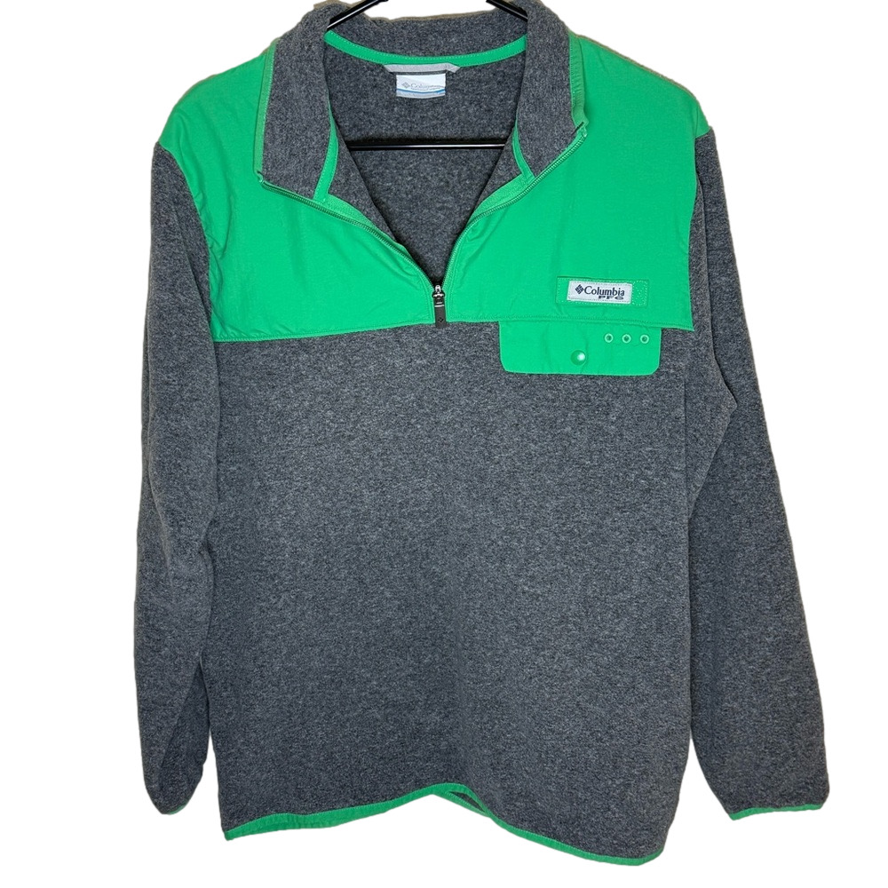 Columbia PFG Grey & Green Pullover Fleece, Men’s 1/4 Zip, M, Excellent